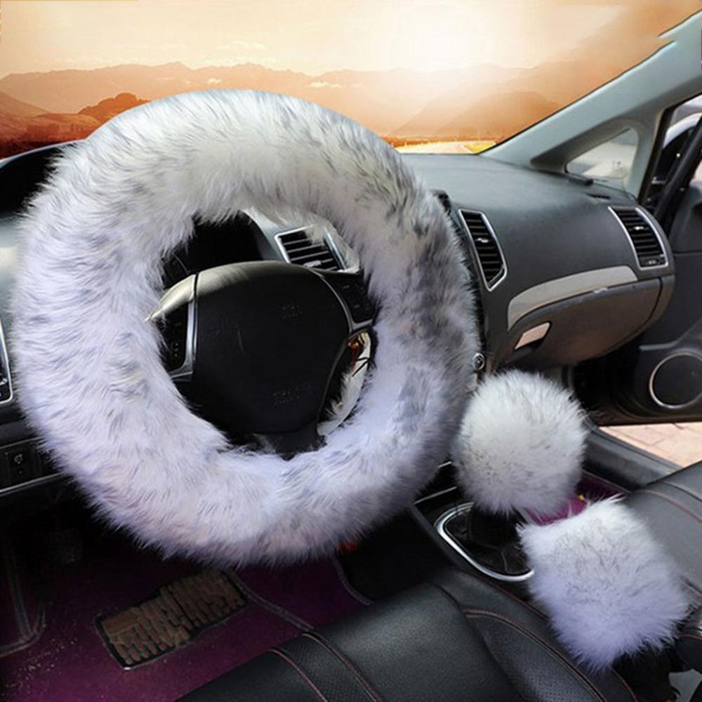 38cm Solid Soft Warm Long Wool Fuzzy Steering Wheel Cover Woolen Handbrake Car Accessory Sheep Fur Plush Protector Cover Kit - KinglyDay