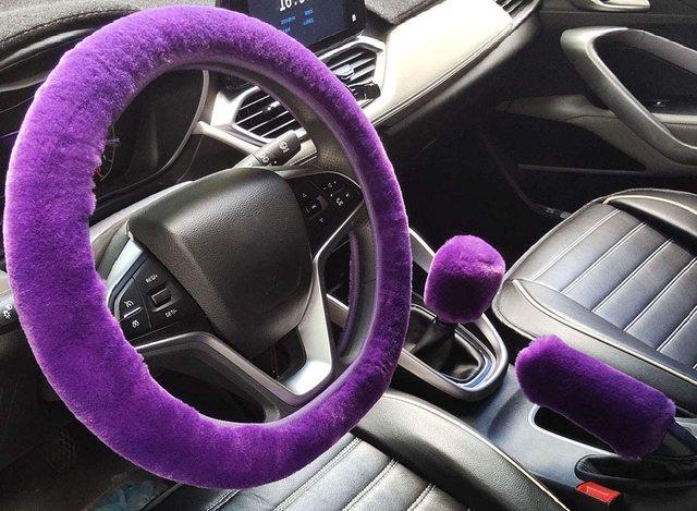 38cm Solid Soft Warm Long Wool Fuzzy Steering Wheel Cover Woolen Handbrake Car Accessory Sheep Fur Plush Protector Cover Kit - KinglyDay