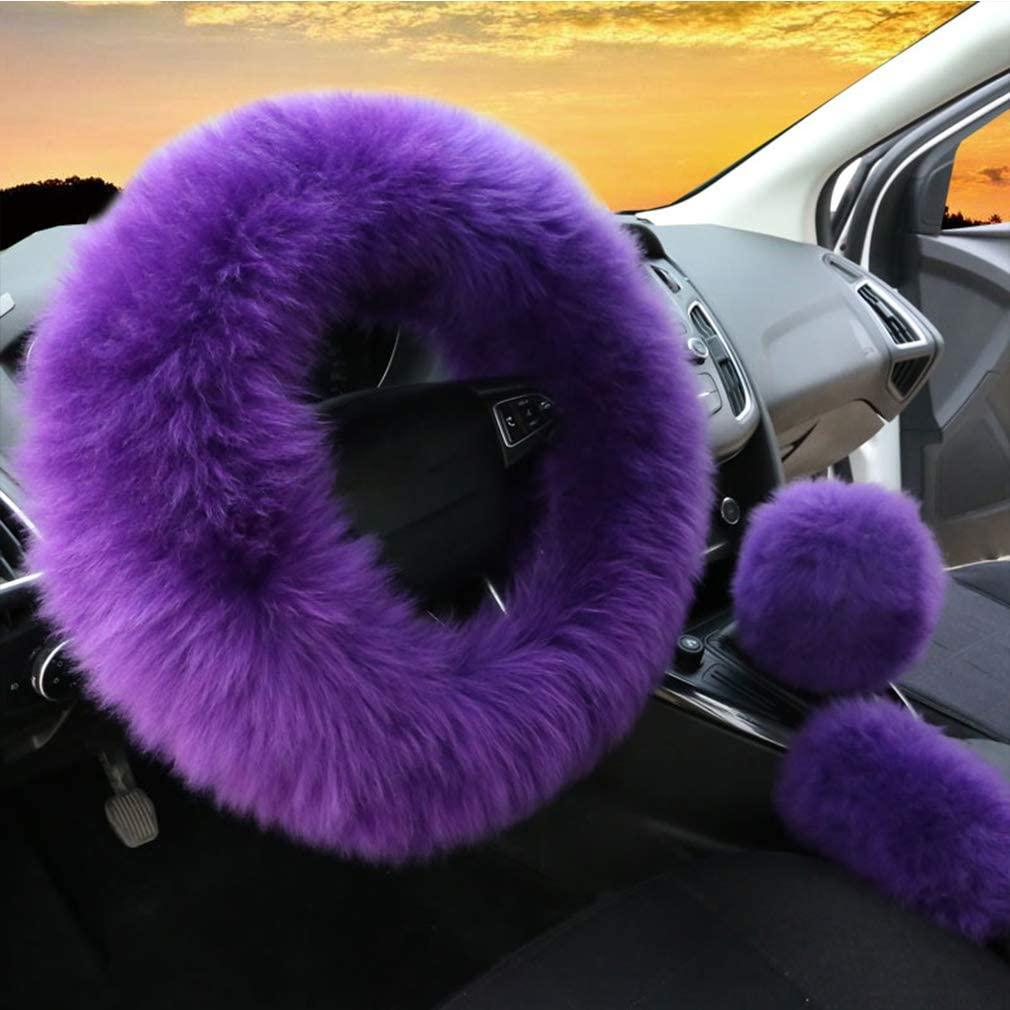 38cm Solid Soft Warm Long Wool Fuzzy Steering Wheel Cover Woolen Handbrake Car Accessory Sheep Fur Plush Protector Cover Kit - KinglyDay