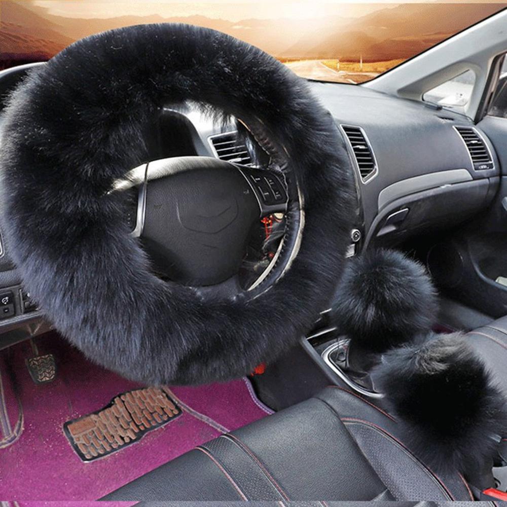 38cm Solid Soft Warm Long Wool Fuzzy Steering Wheel Cover Woolen Handbrake Car Accessory Sheep Fur Plush Protector Cover Kit - KinglyDay