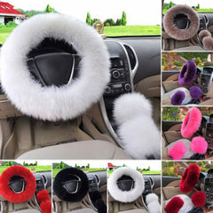 38cm Solid Soft Warm Long Wool Fuzzy Steering Wheel Cover Woolen Handbrake Car Accessory Sheep Fur Plush Protector Cover Kit - KinglyDay