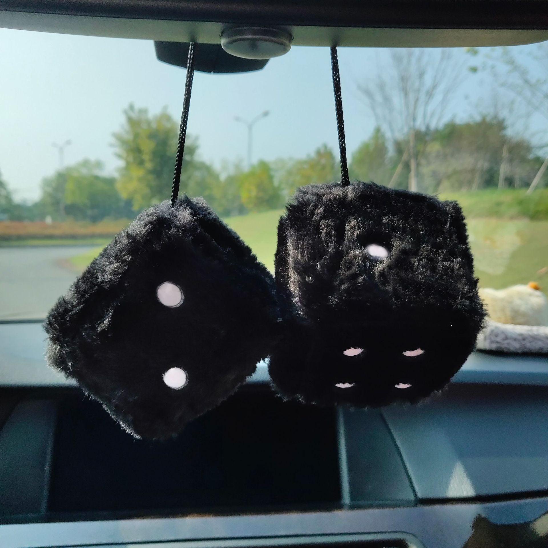 Auto Pendants Fuzzy Plush Dice Dots Rear View Mirror Hanger Cube Decoration Car Styling Accessories Ornament 1 Pair - KinglyDay