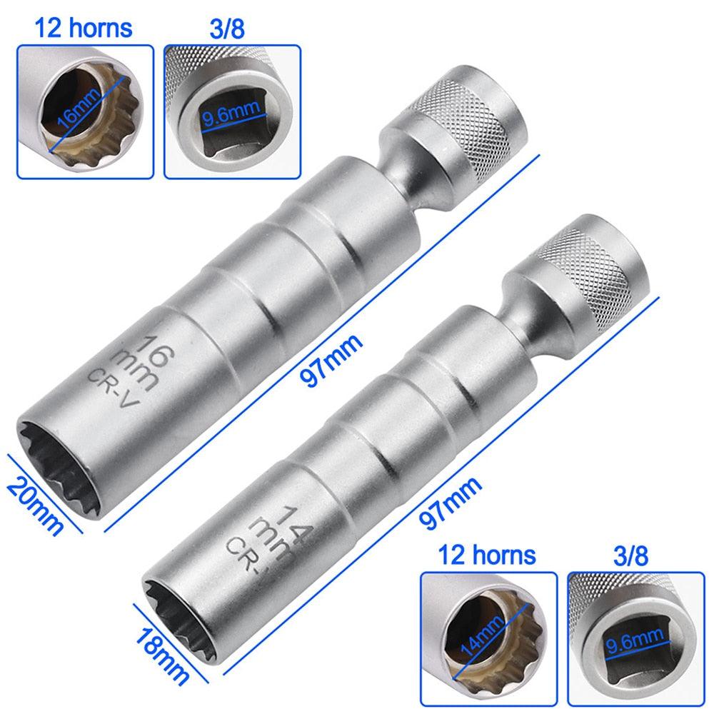 Socket Wrench Magnetic 12 Angle Repairing Removal Tool Thin Wall 3/8" Drive Sockets for 14/16mm Spark Plug - KinglyDay