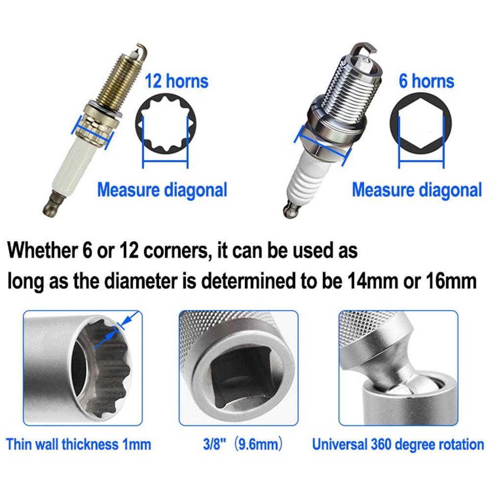 Socket Wrench Magnetic 12 Angle Repairing Removal Tool Thin Wall 3/8" Drive Sockets for 14/16mm Spark Plug - KinglyDay