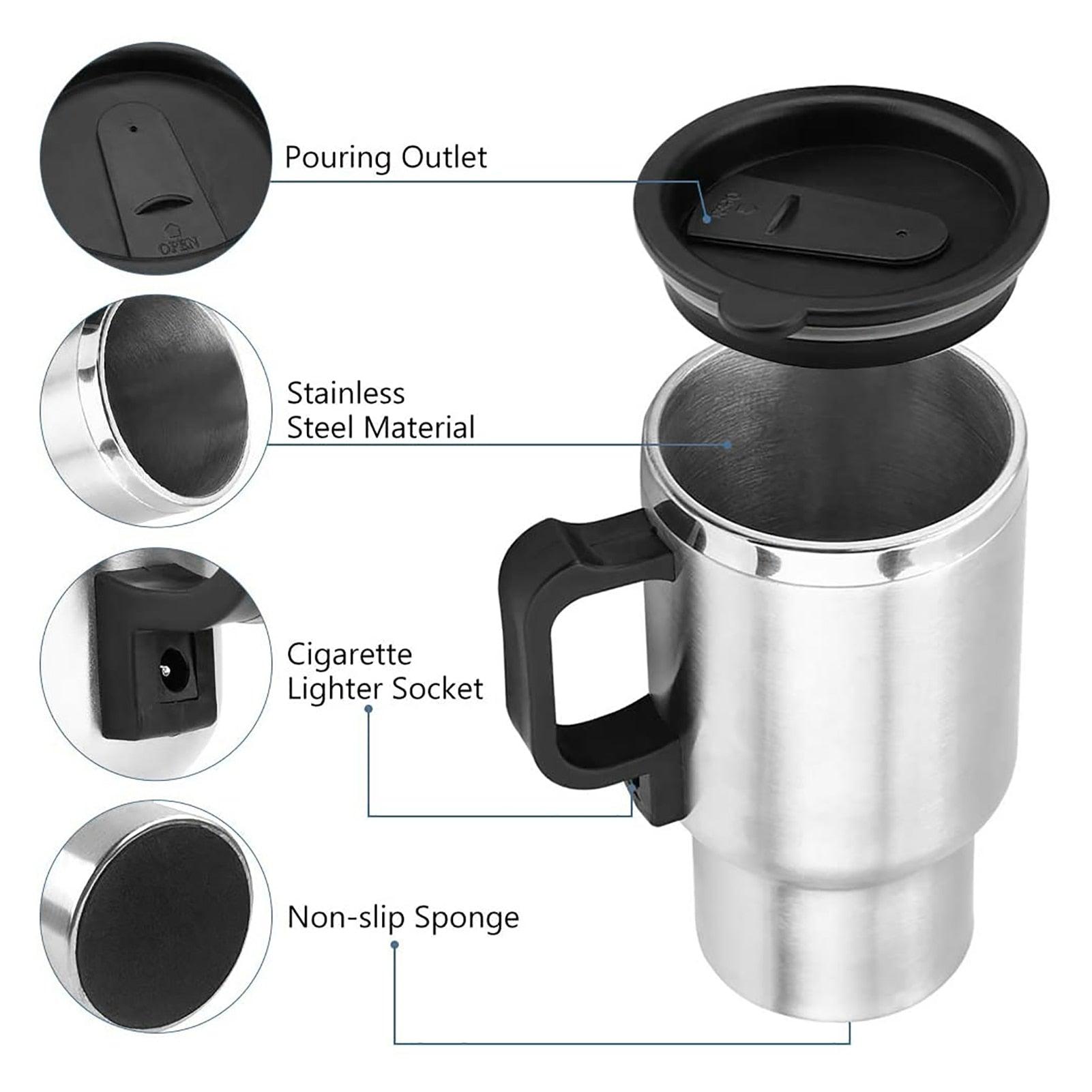 Vehicle Heating Cup 500ML 12V Car Vehicle Heating Stainless Steel Water Cup Kettle Coffee Heated Mug Stainless Steel Accessories - KinglyDay