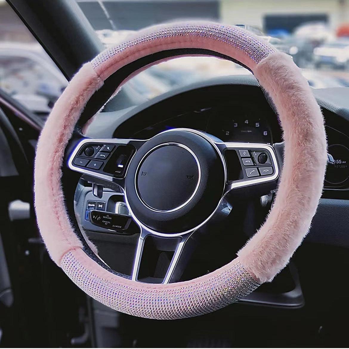 Car Steering Wheel Cover, Pink Plush Bling Rhinestone Elastic Car Steering Wheel Protector Car Accessaries For Women Ladies Girls, Without Inner Ring - KinglyDay