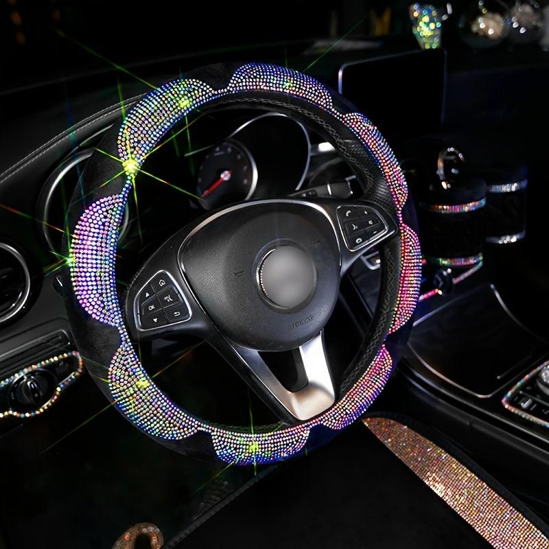 Flower Crystal Colorful Rhinestone Car Steering Wheel Cover, Universal 15 Inch Anti-Slip Bling Car Steering Wheel Protector Car Accessories For Women - KinglyDay