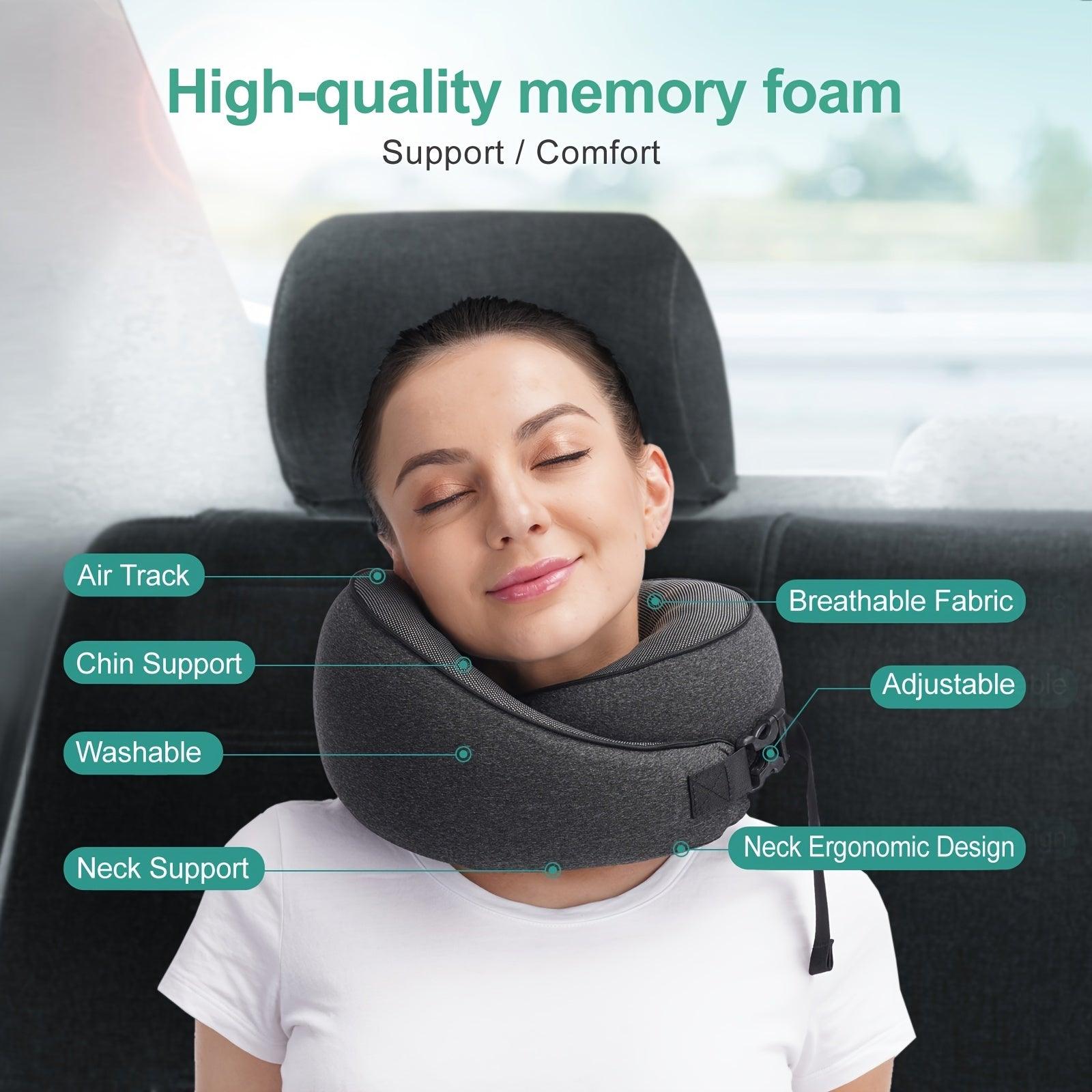 Black 100% Memory Foam Neck Pillow, Comfortable Breathable Cover, Machine Washable Car Travel Pillow For Airplane Travel - KinglyDay