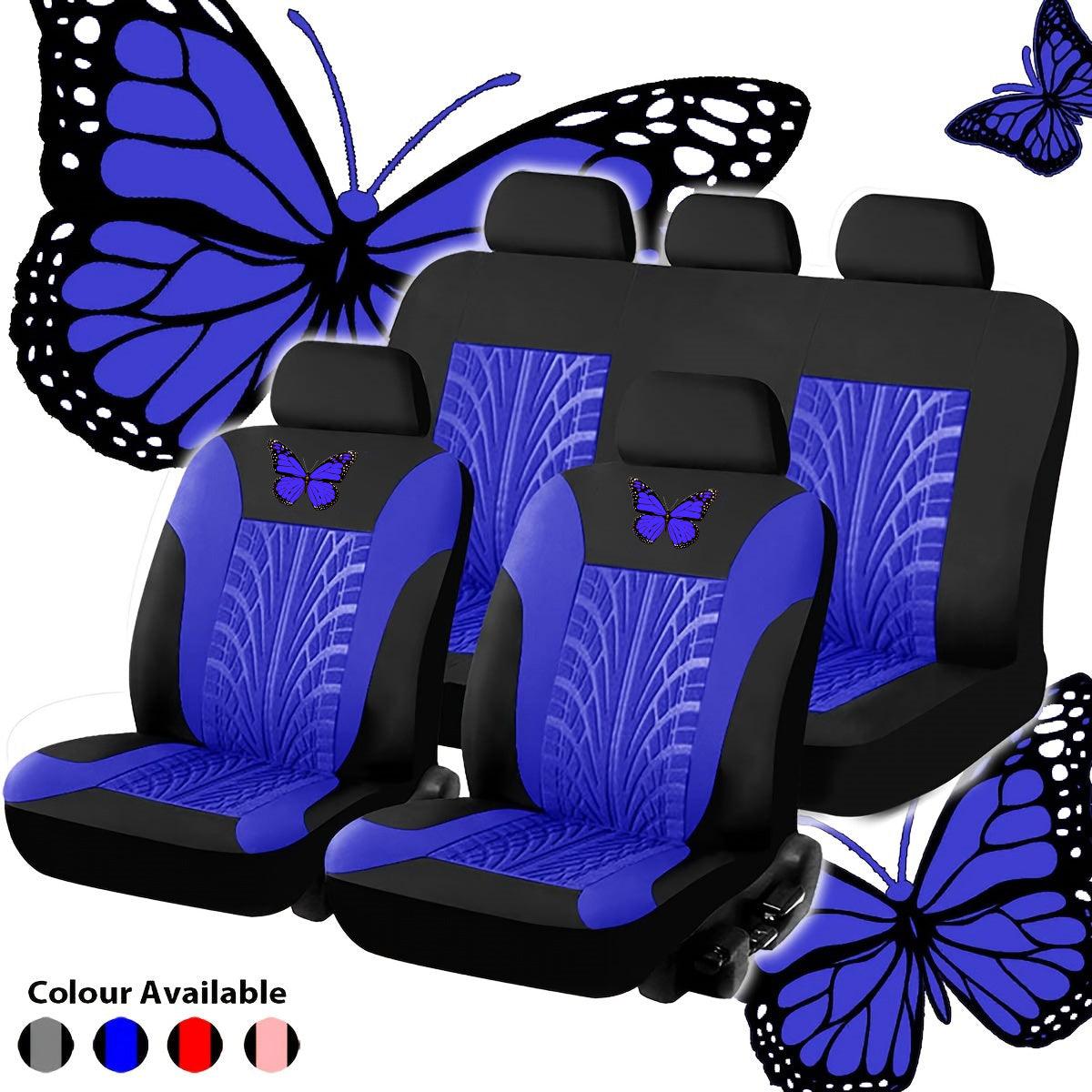 Red, Blue, Beige, Gray, Pink Butterfly Embroidery Universal Car Seat Cover Full Set - KinglyDay