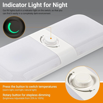 2Pcs RV Lights, Interior 1700LM 3 Color TEM Warm Cool Natural White Camper Lights Dimmable 12v-24v Led Lights Fixture Ceiling Dome Light Switch For RV - KinglyDay