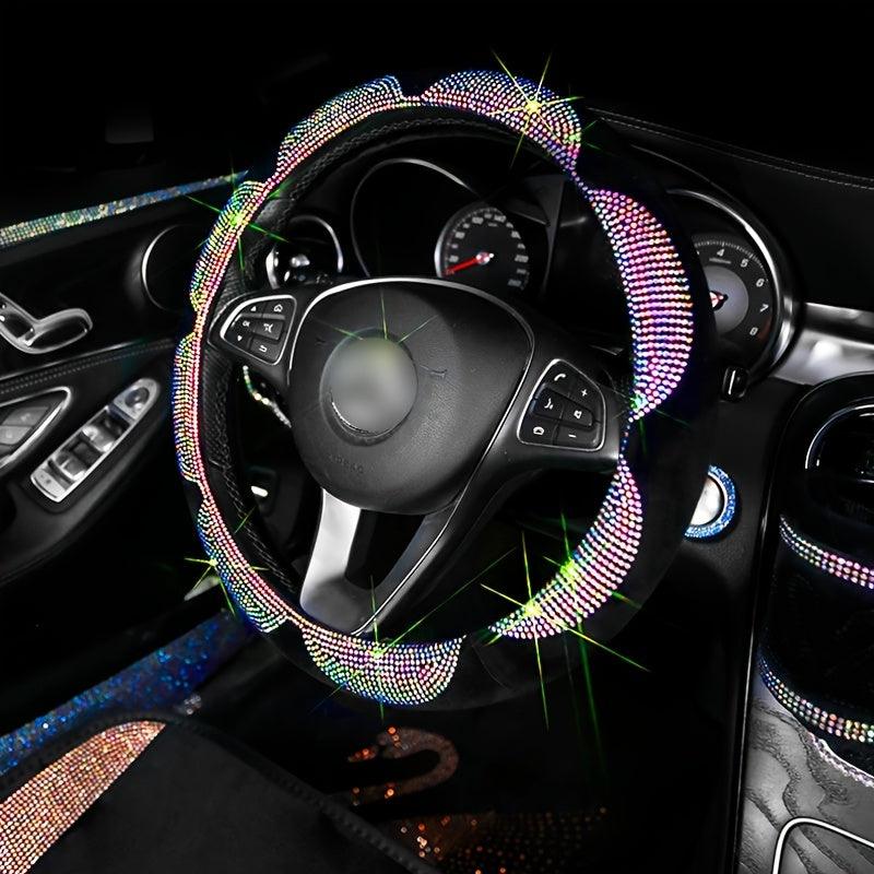 Flower Crystal Colorful Rhinestone Car Steering Wheel Cover, Universal 15 Inch Anti-Slip Bling Car Steering Wheel Protector Car Accessories For Women - KinglyDay