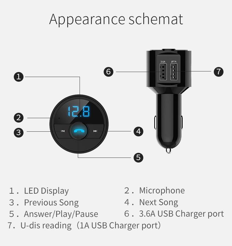 3.6A Quick USB Charger Bluetooth Music Player FM Transmitter Phone Handsfree Carkit - KinglyDay