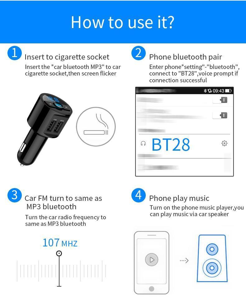 3.6A Quick USB Charger Bluetooth Music Player FM Transmitter Phone Handsfree Carkit - KinglyDay