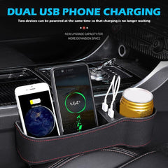 PU Leather Car Seat Gap Storage Box Crevice Organizer Pocket Dual USB Cup Holder - KinglyDay