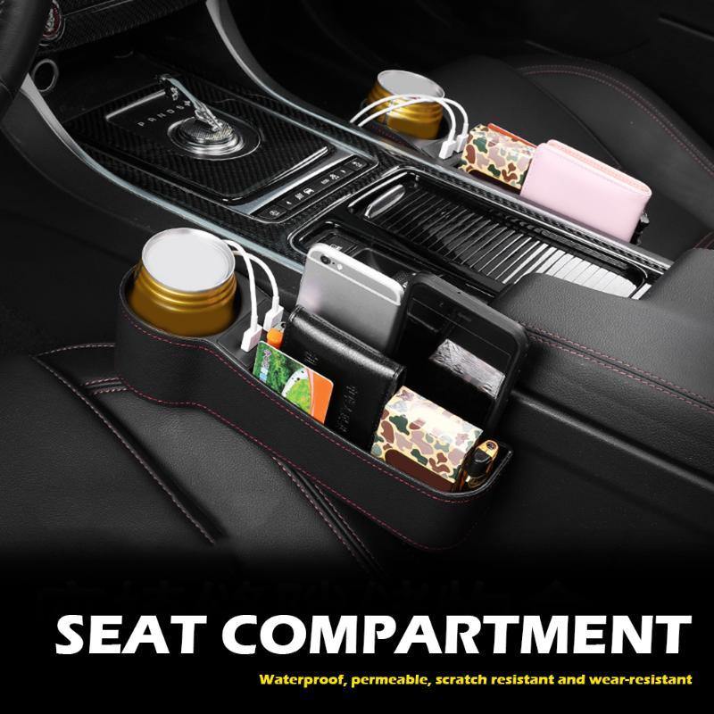 PU Leather Car Seat Gap Storage Box Crevice Organizer Pocket Dual USB Cup Holder - KinglyDay