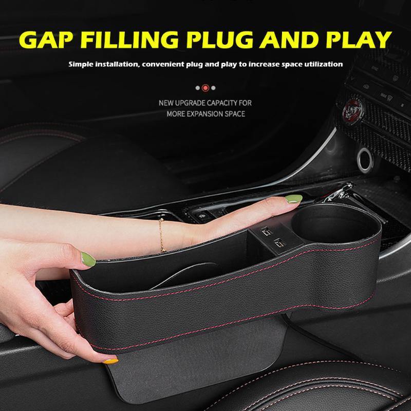 PU Leather Car Seat Gap Storage Box Crevice Organizer Pocket Dual USB Cup Holder - KinglyDay