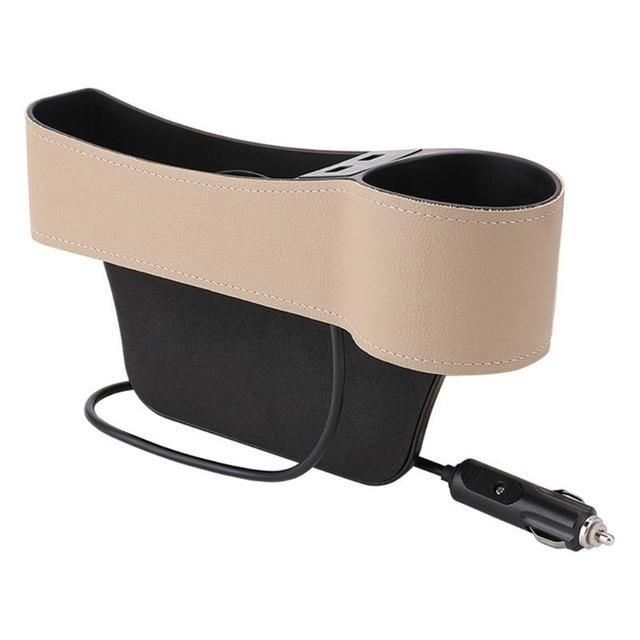 PU Leather Car Seat Gap Storage Box Crevice Organizer Pocket Dual USB Cup Holder - KinglyDay