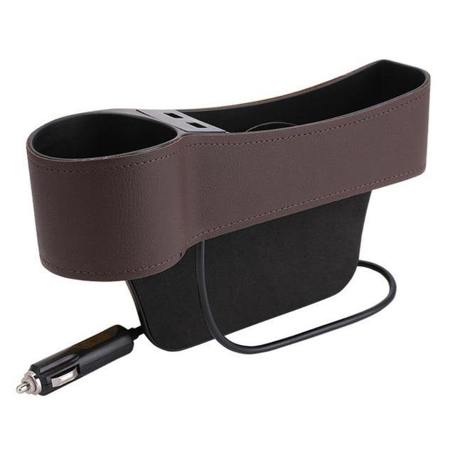 PU Leather Car Seat Gap Storage Box Crevice Organizer Pocket Dual USB Cup Holder - KinglyDay