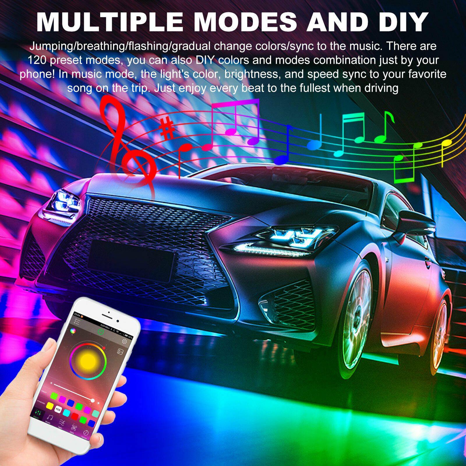 6PCS APP Control RGB 216 LED Strip Bluetooth Car Tube Underglow Body Neon Lights - KinglyDay