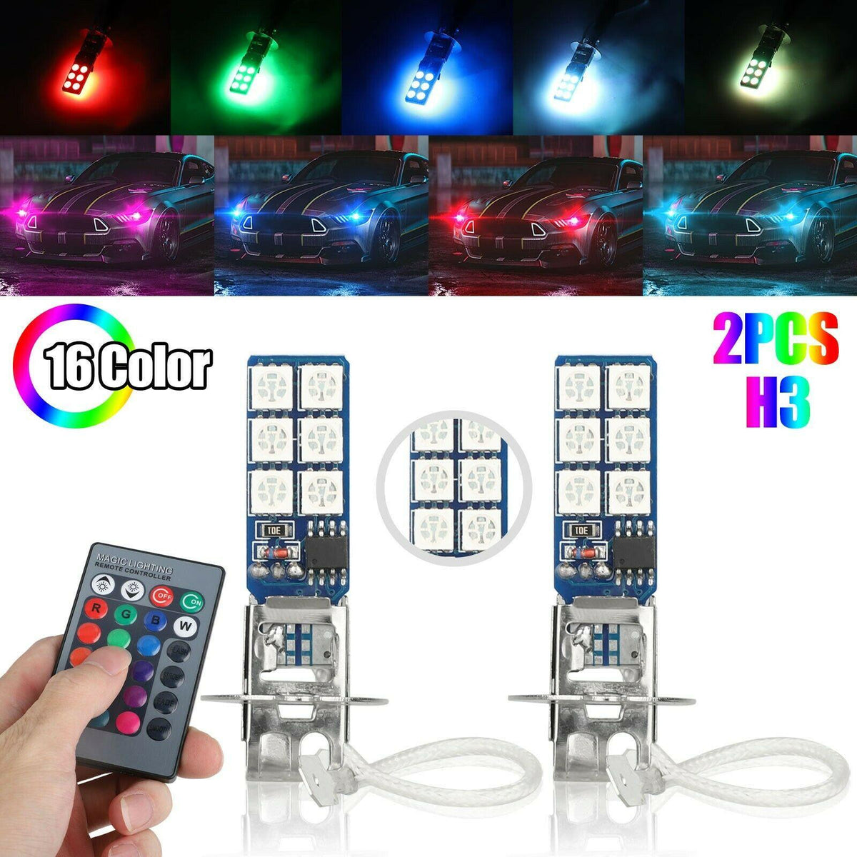 2PCS 16Color RGB H3 12SMD 5050 LED Fog Light Driving Bulbs Lamp Remote IR Remote - KinglyDay