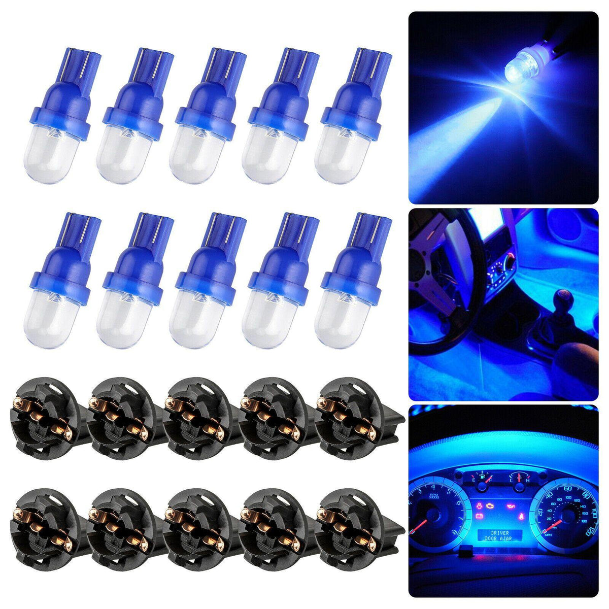 10PCS Blue T10 194 LED Bulbs for Instrument Gauge Cluster Dash Light With Sockets - KinglyDay