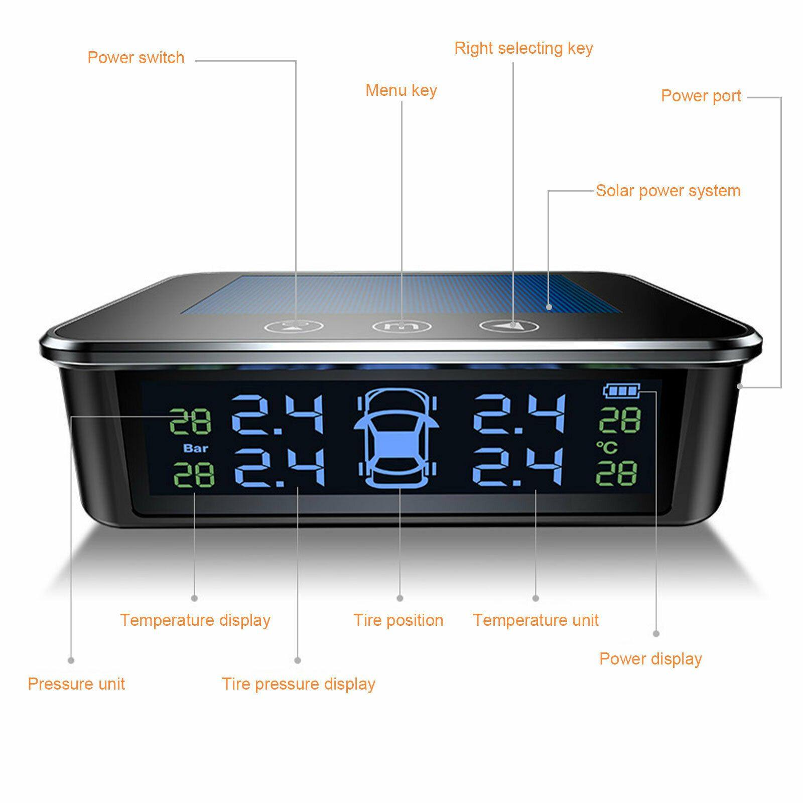 Touch Solar TPMS Wireless Car Tire Pressure LCD Monitoring System + 4 Sensors - KinglyDay