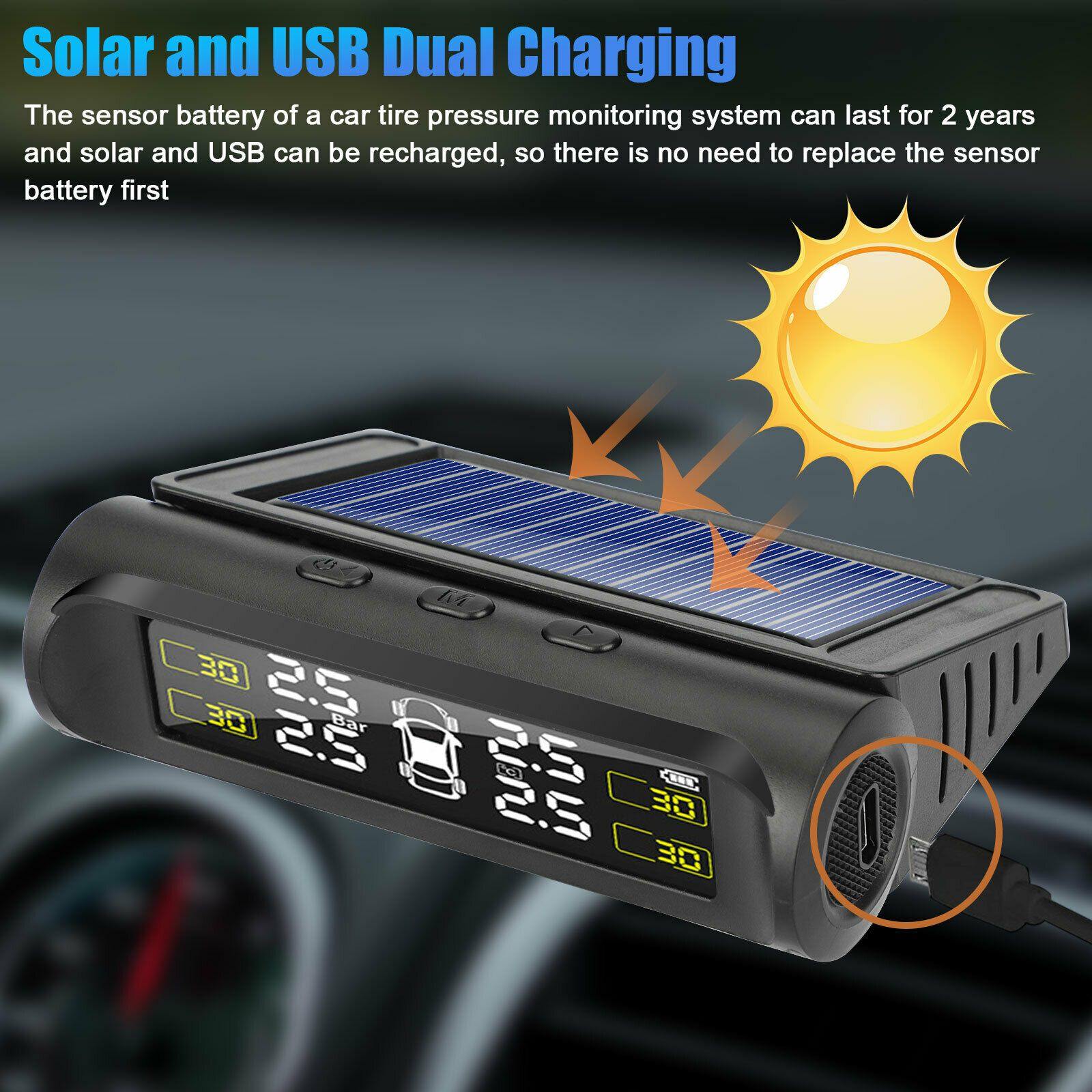 Wireless Solar USB TPMS LCD Car Tire Pressure Monitoring System 4External Sensor - KinglyDay