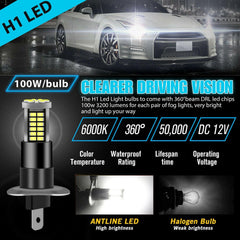 2Pcs H1 57-SMD 6000K Super White 100W 3200LM LED Fog Driving DRL Bulbs Lamp Kit - KinglyDay