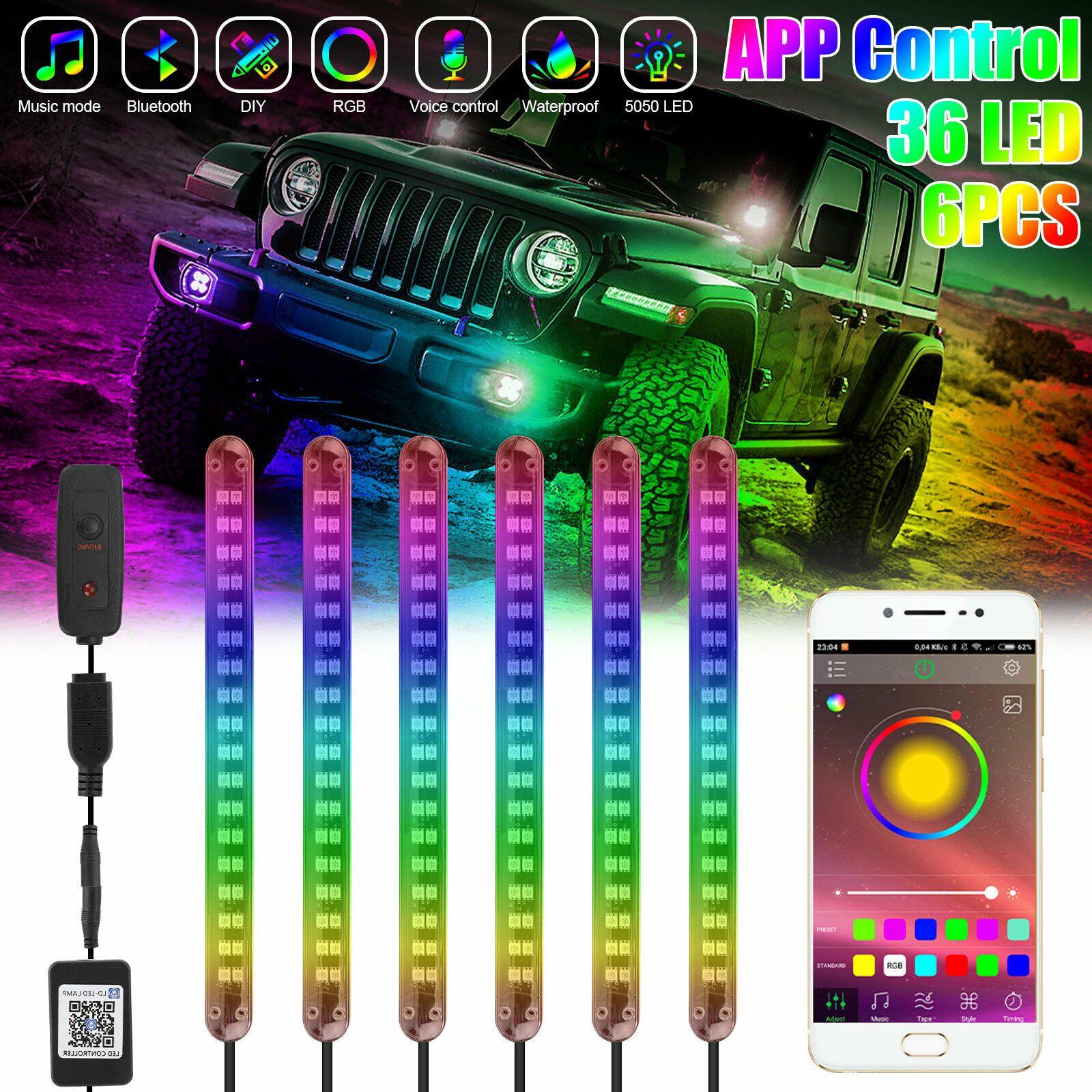 6PCS APP Control RGB 216 LED Strip Bluetooth Car Tube Underglow Body Neon Lights - KinglyDay