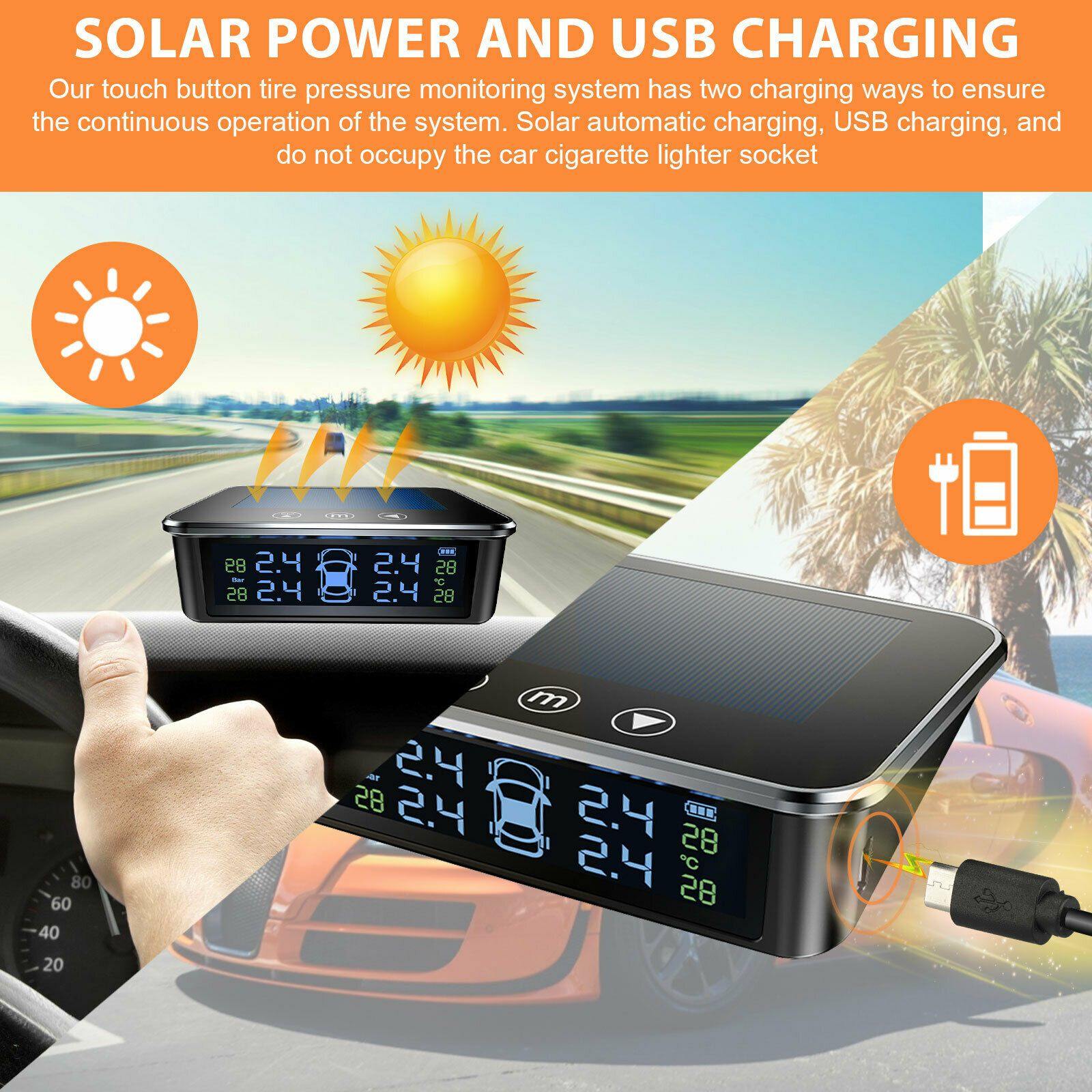 Touch Solar TPMS Wireless Car Tire Pressure LCD Monitoring System + 4 Sensors - KinglyDay