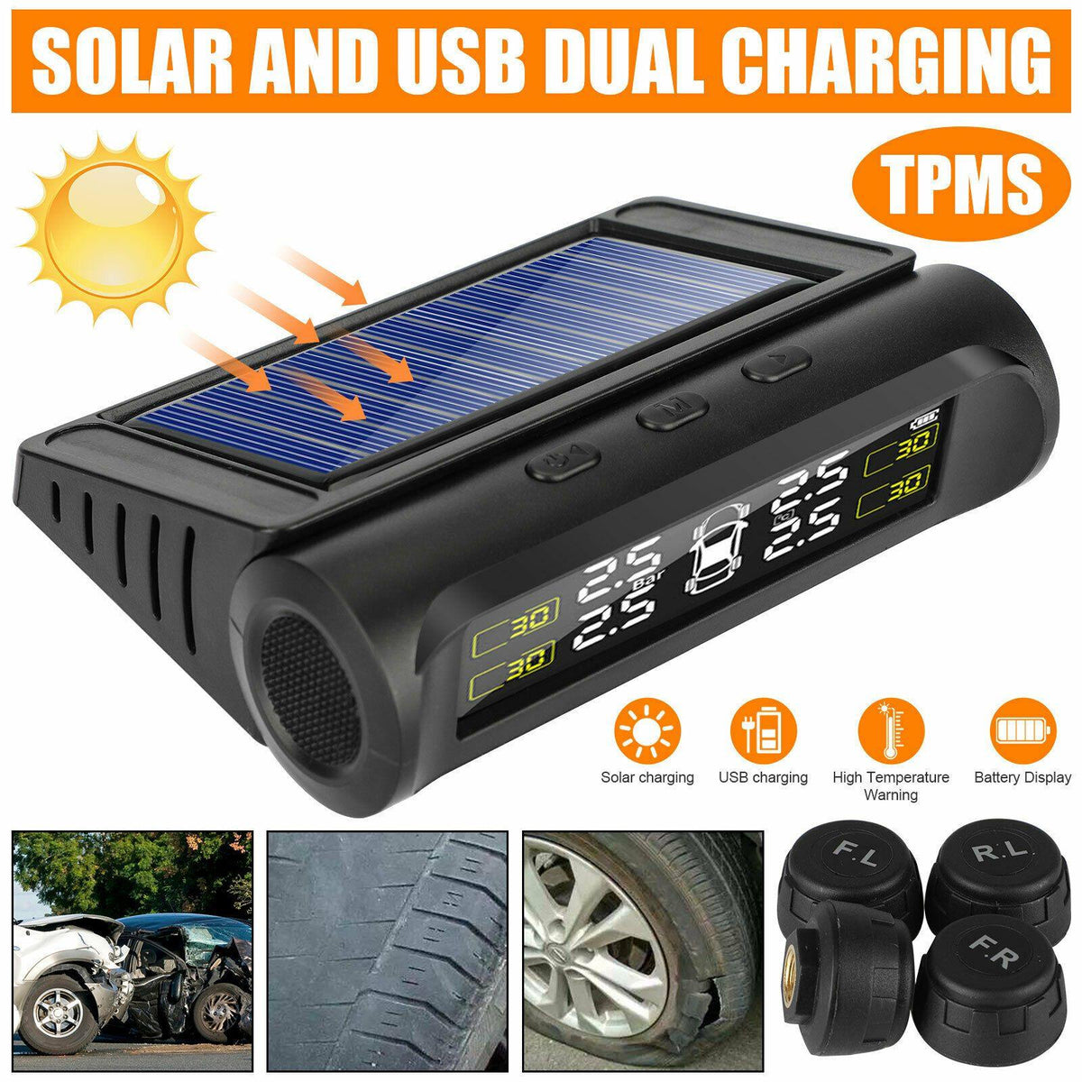 Wireless Solar USB TPMS LCD Car Tire Pressure Monitoring System 4External Sensor - KinglyDay