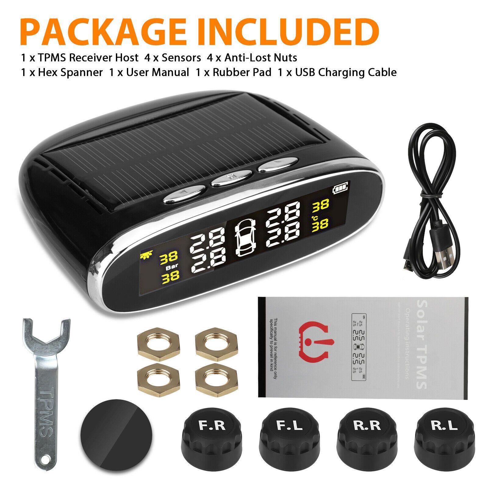 Solar & USB TPMS Wireless Car Tire Pressure Monitoring System + 4 Sensors Alarm - KinglyDay