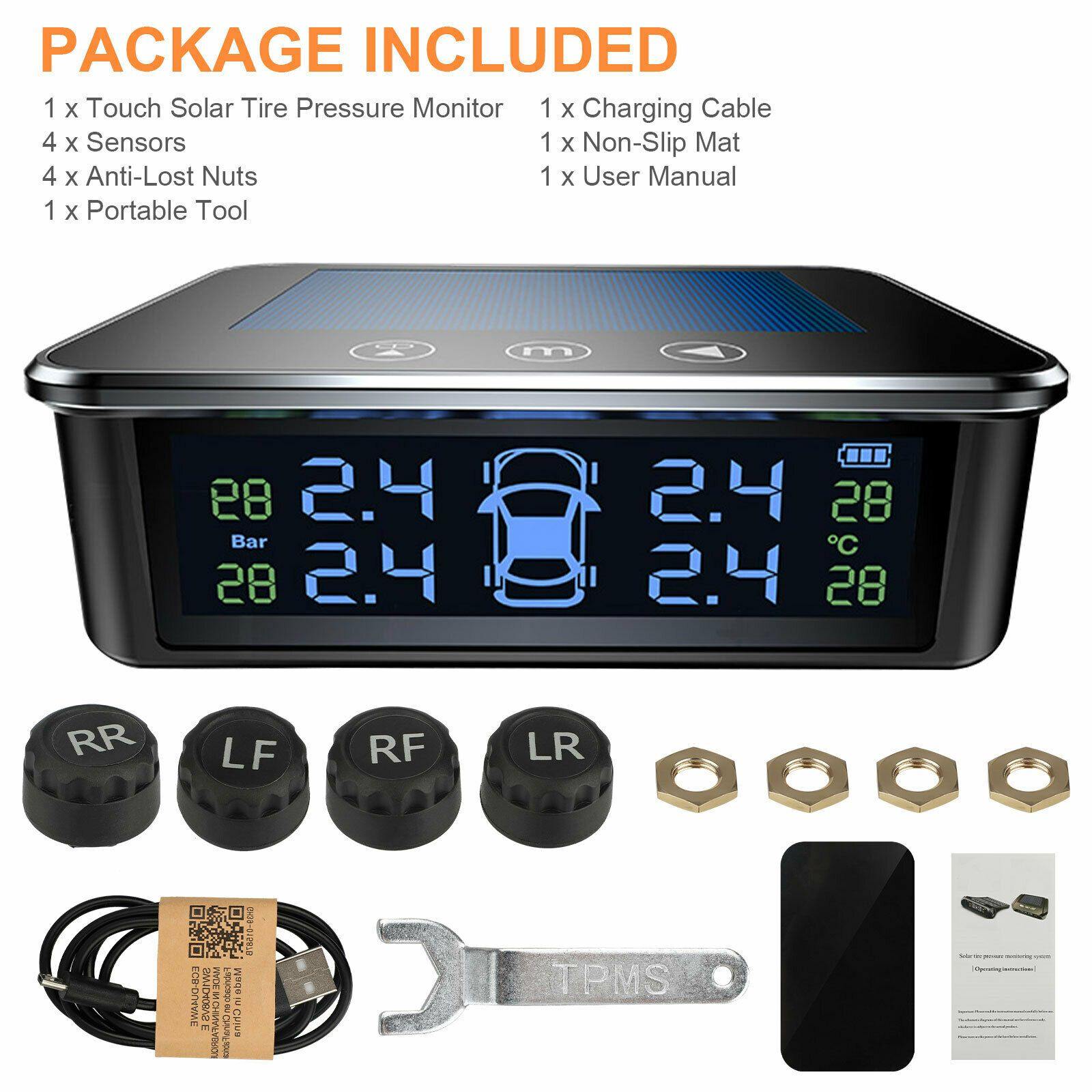 Touch Solar TPMS Wireless Car Tire Pressure LCD Monitoring System + 4 Sensors - KinglyDay