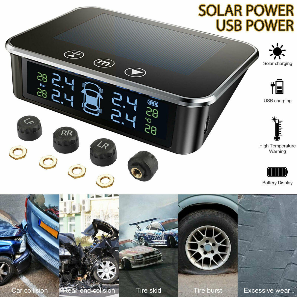 Touch Solar TPMS Wireless Car Tire Pressure LCD Monitoring System + 4 Sensors - KinglyDay