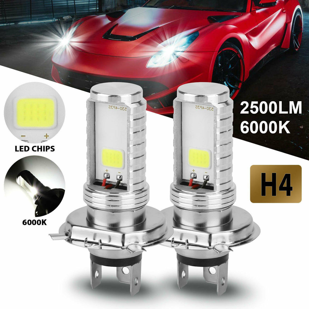 2PCS H4 9003 HB2 6000K LED Headlight High & Low Beam Bulbs Kit Super Bright White - KinglyDay