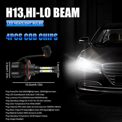 4x H13 LED Headlight Fog bulbs Hi/Lo Beam 6000K 2000W For Ford F-150 F-250 F-350 - KinglyDay