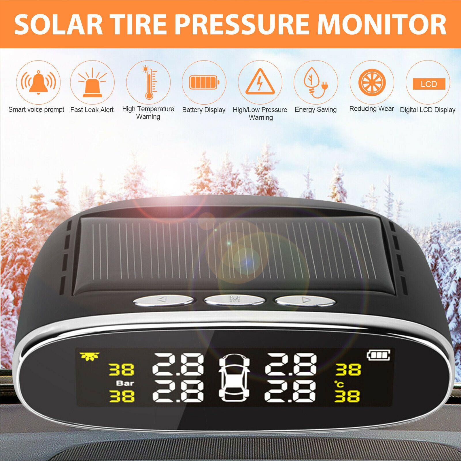 Solar & USB TPMS Wireless Car Tire Pressure Monitoring System + 4 Sensors Alarm - KinglyDay