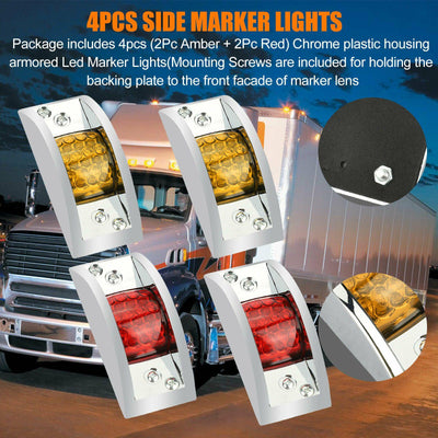 2PCS Amber + 2PCS Red 12 LED Car Truck Trailer RV Chrome Side Marker Clearance Light - KinglyDay