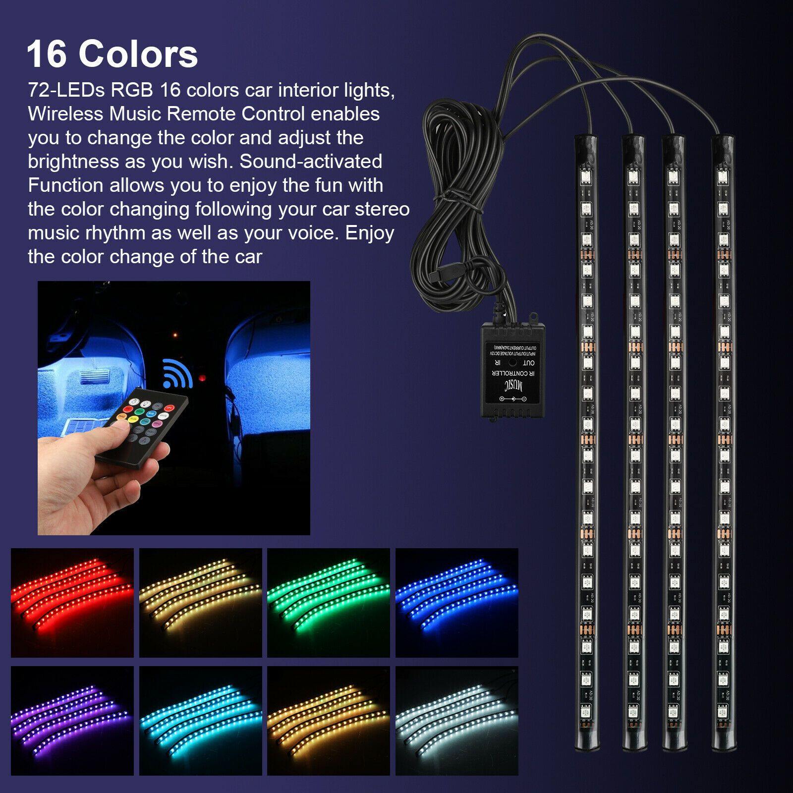 4PCS 72 LED Car Interior Cigarette Lighter Atmosphere Light Strip Remote Control - KinglyDay