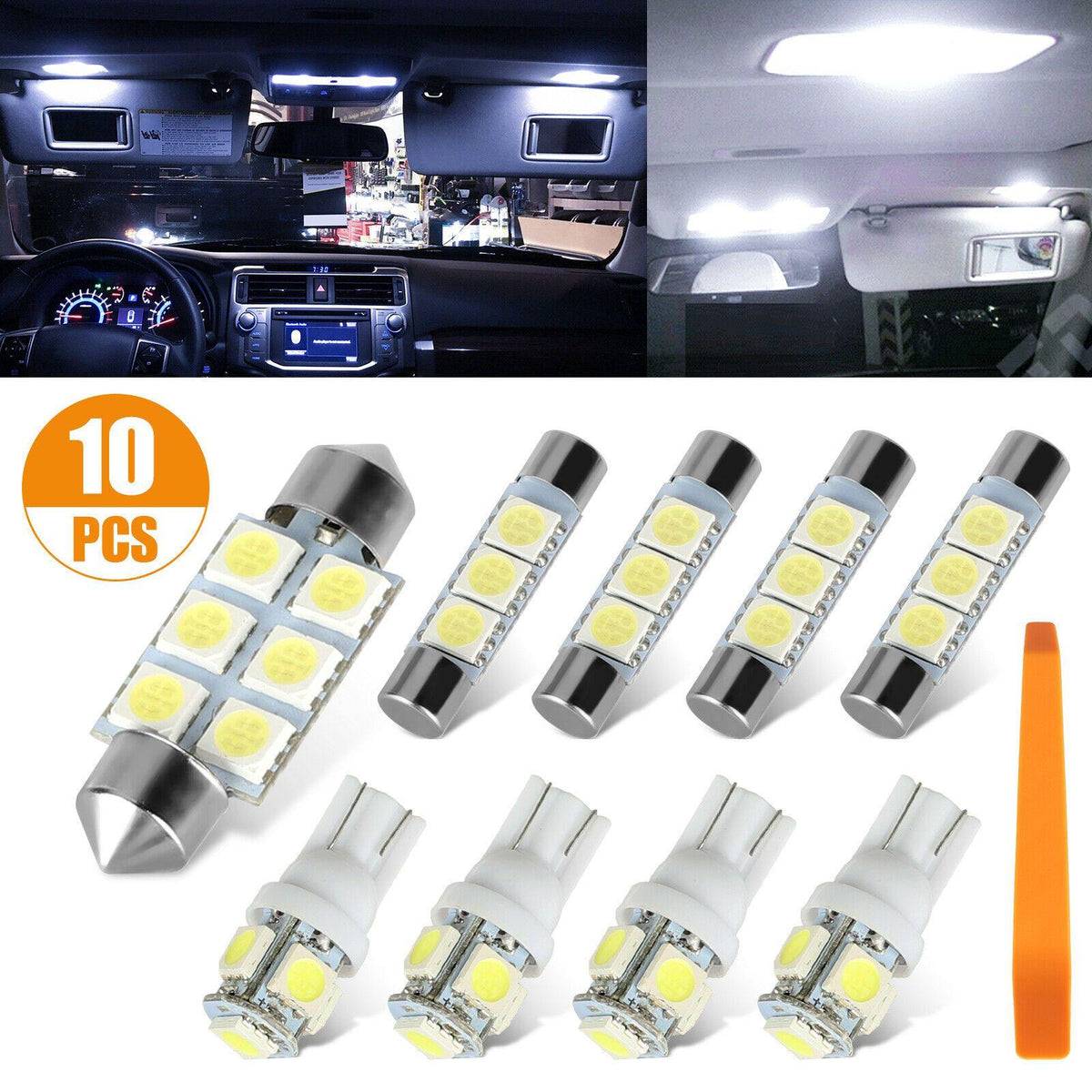 9X White 6000K T10 194 168 W5W LED License Plate Dome Interior Light Bulb + Tool - KinglyDay