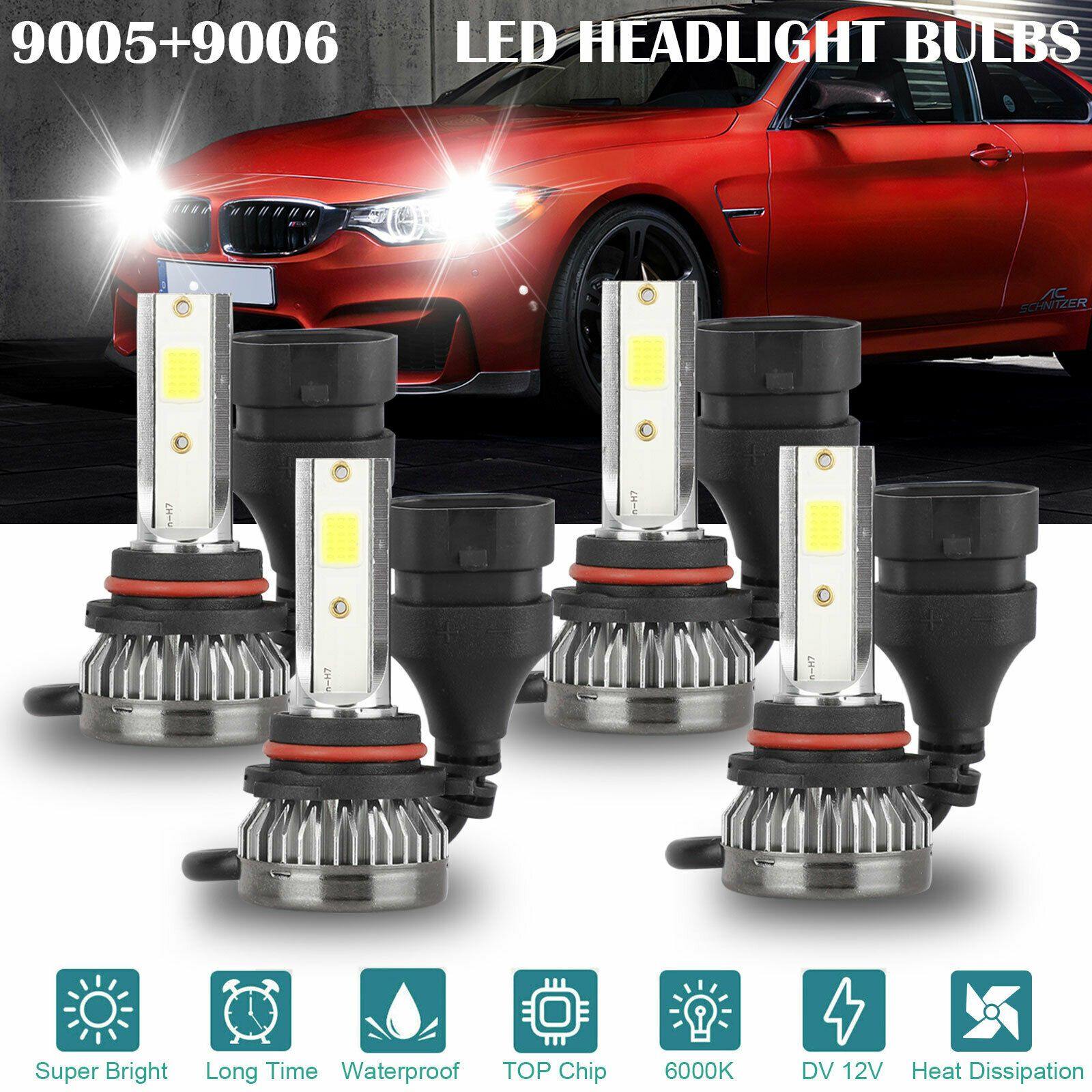 4PCS 9005 9006 Super White COB LED Combo Headlight Bulbs High Low Beam Kit 6000K - KinglyDay