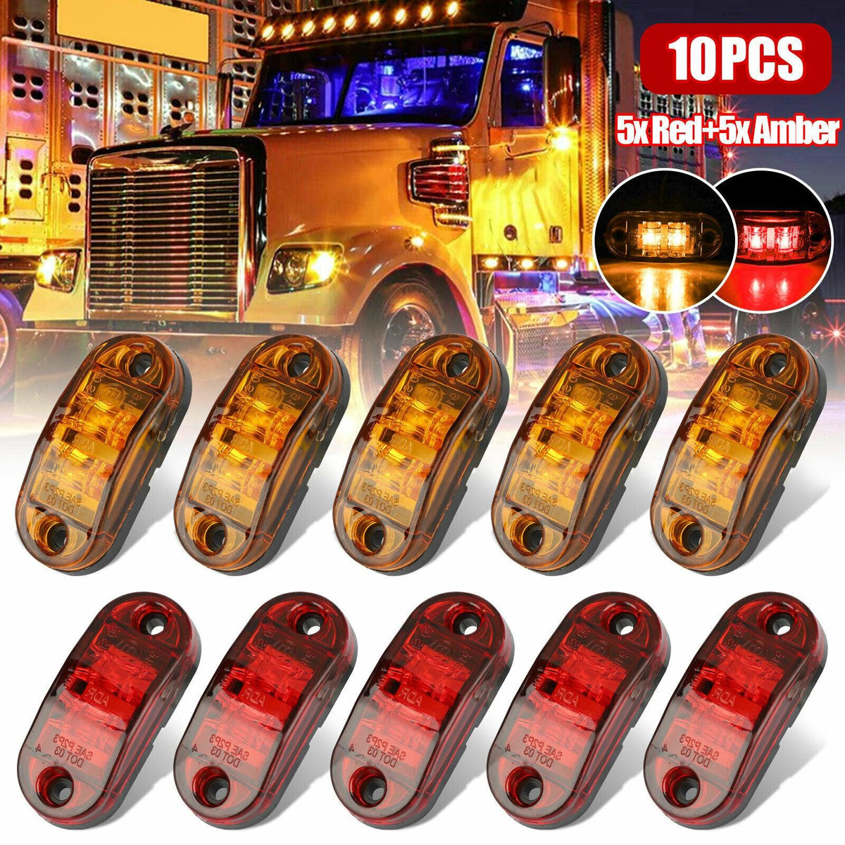 5x Red + 5x Amber 2.5" LED Side Marker Clearance Light For Trailer Truck Pickup - KinglyDay